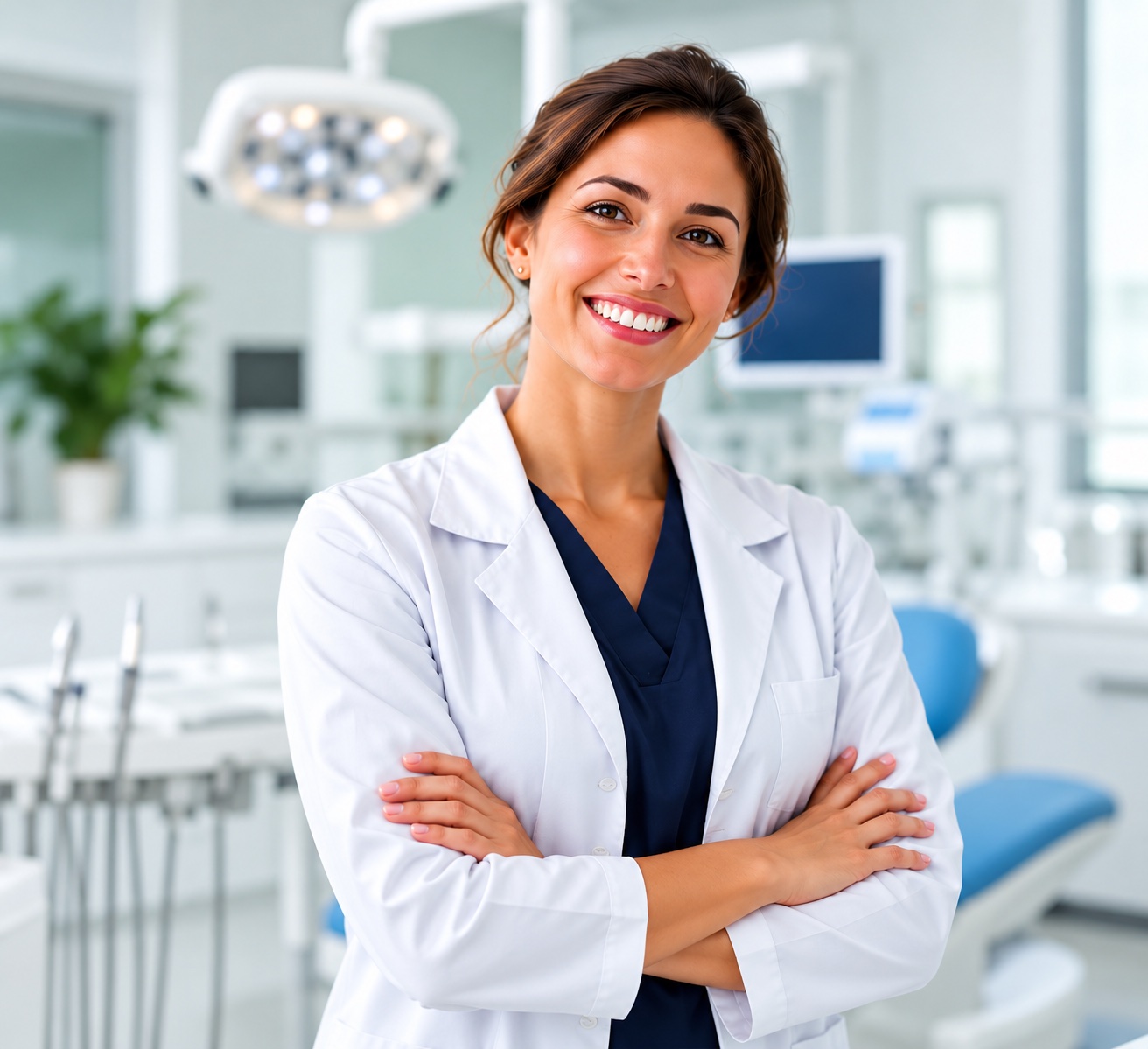 Smiling dental professional in a white coat, standing in a modern dental clinic